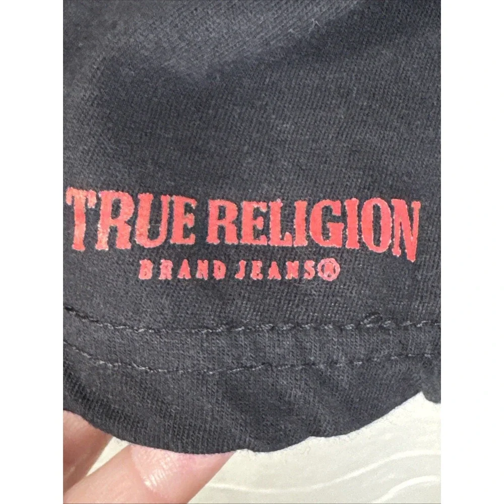 True Religion T-Shirt Men Med Black V-Neck‎ Short Sleeve Cotton Logo Casual Tee